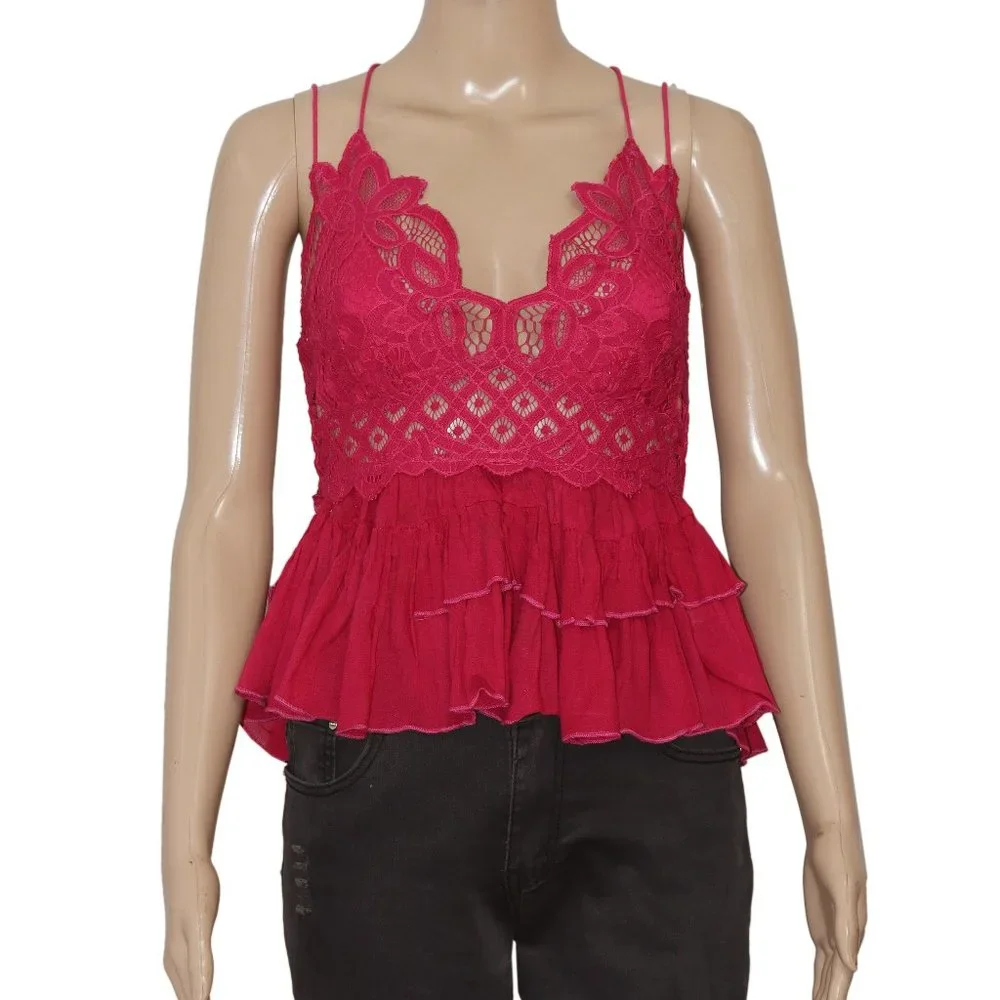 Free People Adella Cami Pink Lace Ruffled Tank Top Rose Hypnotic